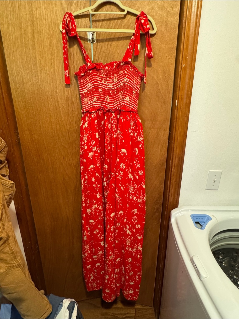 Free People Red Floral Tie-Shoulder Smocked Jumpsuit